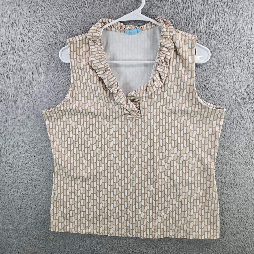 J.McLaughlin Womens XL Tan White Geometric Ruffle V-Neck Sleeveless Top